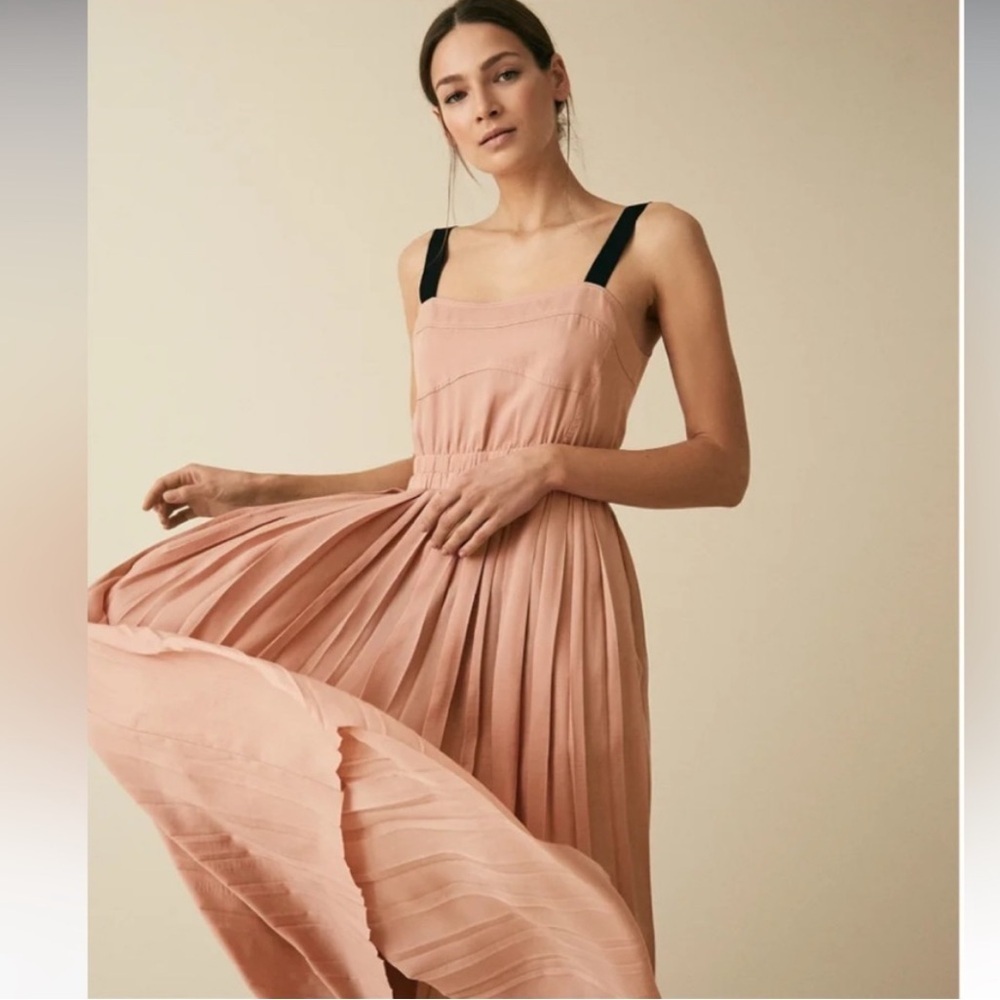 REISS Luella Pleated Maxi Dress Pink Black Party Event Vacation Size 8 Flowy